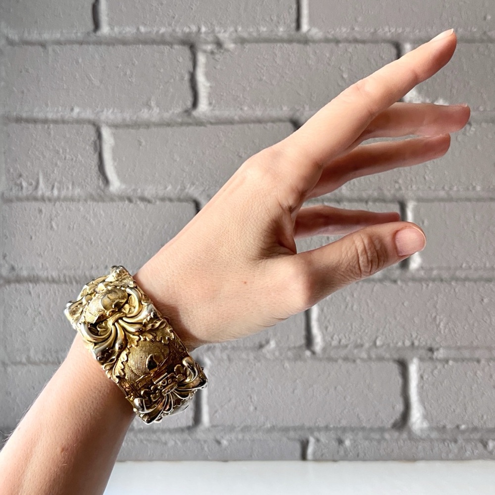 Vintage Whiting & Davis Repousse Gold Hinged Bracelet 1950s Mid Century Ornate